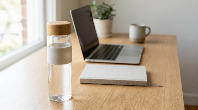 Minimal Work Desk Setup with Laptop and Bottle, Clean Modern Lifestyle Concept