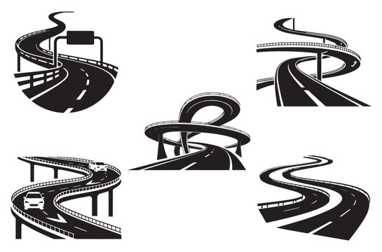 Road infrastructure icons set showing winding highways complex overpasses urban street junctions and transportation networks for logistics planning and civil engineering design