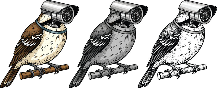 Bird with CCTV Camera Design Concept for Surveillance, Security, and Tech Illustrations