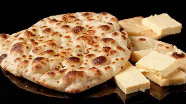of freshly baked naan bread with butter spread on top, displayed for culinary or food purposes. The naan has a golden-brown crust and is garnished with herbs.