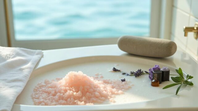 Spa setting with essential oils and salt on table near window overlooking ocean.