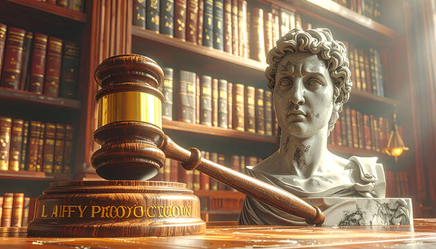 Gavel and Bust of Justice in a Law Library Setting.