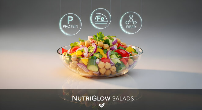 A vibrant and healthy chickpea salad in a clear glass bowl showcasing fresh vegetables and nutritional information icons for phosphorus iron and protein perfect for healthy eating concepts