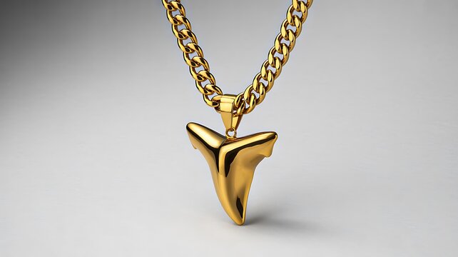 Luxury gold shark tooth pendant necklace isolated on neutral background with elegant jewelry design