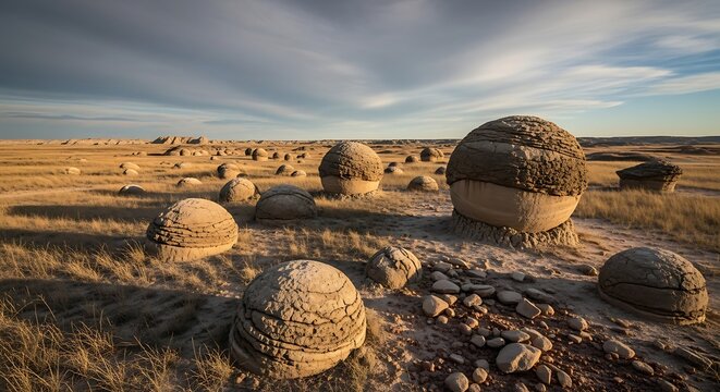 Rounded Stone Concretions Scattered Across Dry Grassland Under Dramatic Sky