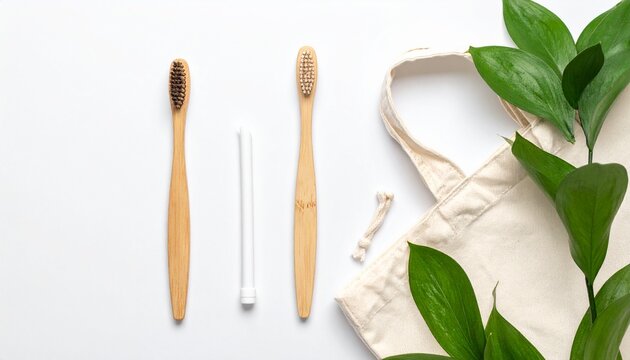 eco-friendly dental care flat lay with bamboo toothbrush and sustainable lifestyle products