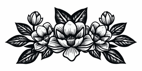 black and white floral illustration with magnolia flowers and leaves © Rubel