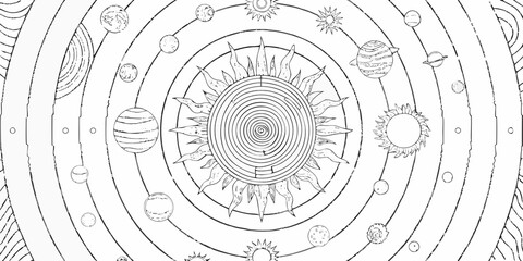 black and white solar system diagram illustration © Rubel