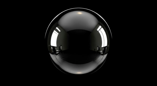 Shiny black reflective sphere closeup.