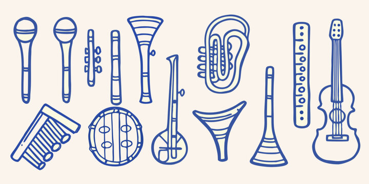 hand drawn blue musical instruments icons high quality