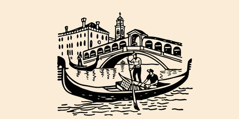 venice canal scene with gondola and bridge black ink sketch © Rubel
