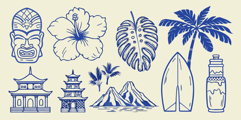 Obraz premium tropical travel icons including tiki mask hibiscus palm tree and surfboard