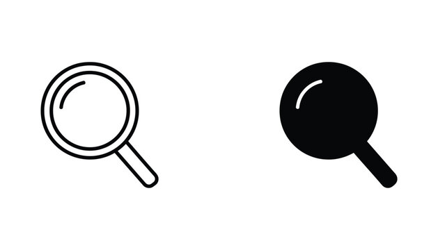 Magnifying glass search icon vector set in outline and solid black styles for web interface navigation and user experience design
