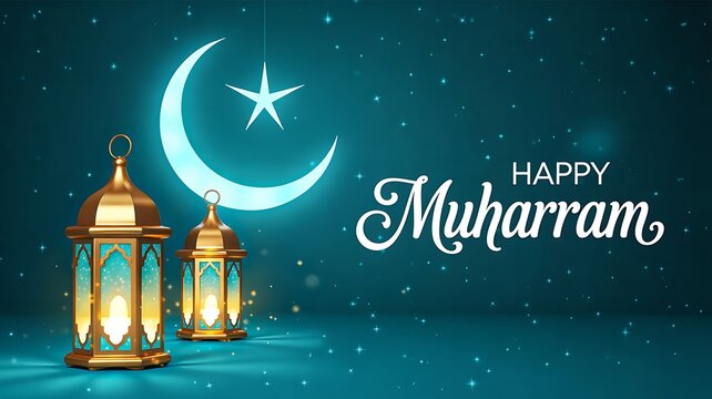 Happy muharram greeting with crescent moon and glowing lanterns on blue background