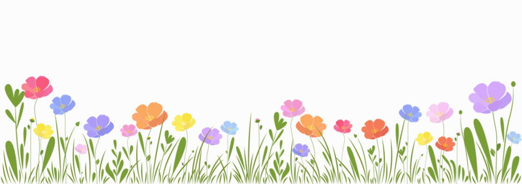 Beautiful spring, summer meadow, colorful, vibrant flowers and green grass border on white background, vector illustration