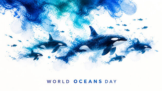 Group of orca whales swimming in blue watercolor splash with small fish