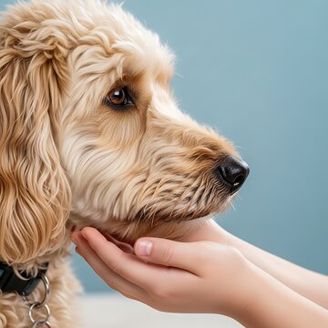 Gentle Golden Dog Resting Chin in Human Hand Against Soft Blue Background