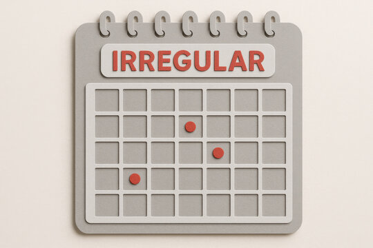 Concerned woman tracking health with irregular menstrual cycle calendar showing missed period via empty square and sporadic flow red dot creating anxious reproductive monitoring