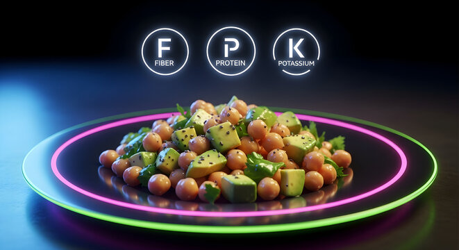 Nutritious chickpea and avocado salad with fpk protein symbols representing fiber protein and potassium presented on a glowing neon plate against a dark background