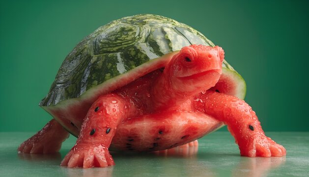 Watermelon turtle on green background with creative fruit arrangement