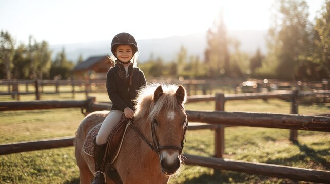Young child wearing a helmet riding a calm pony in a sunlit outdoor arena