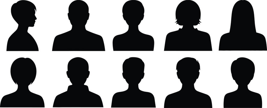 Black silhouette figures of diverse people in profile facing right black silhouettes profile view