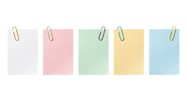 A colorful, business-card-sized note (or card) held together with a paperclip.