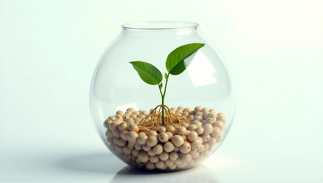 Young green plant growing inside glass bowl filled with beans, visible roots. Concept of growth, sustainability, ecology, organic life and development.
