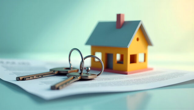 Miniature house with two keys on paper contract. Real estate concept of buying, selling, renting property and home ownership.