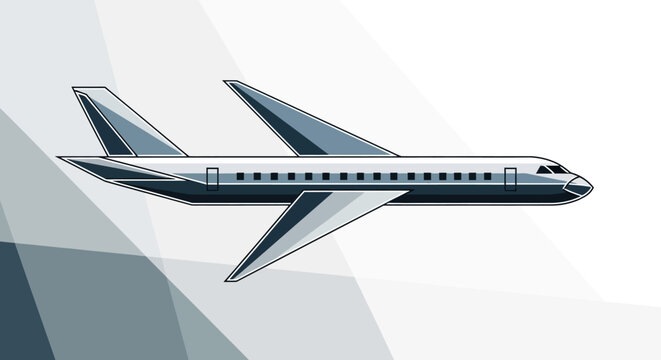 Modern passenger jet airplane illustration in shades of grey, representing air travel, global transport, and business flight.