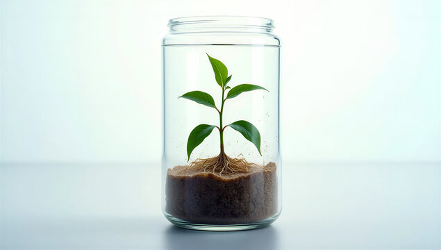 Green plant growing in glass jar with sand and visible root system. Concept of biology, plant growth, ecology and natural processes.