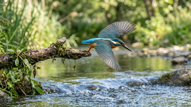 a little colourfull bird flying on water
