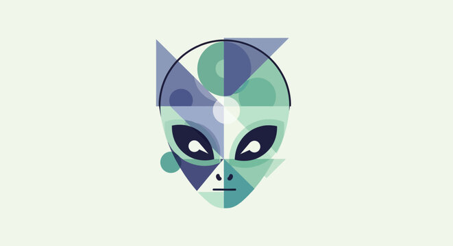 Abstract Geometric Alien Head Illustration in Modern Flat Design Style for Science Fiction and Cosmic Themes