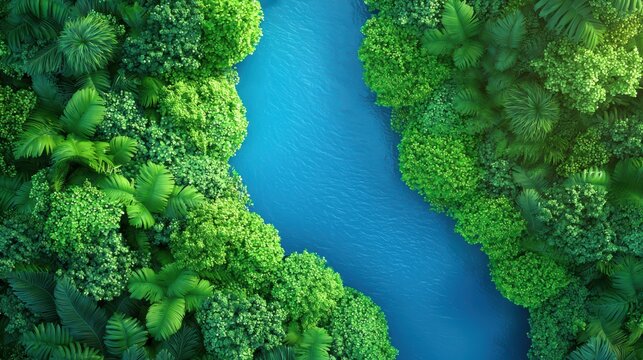 jungle rainforest Tropical River Stream Tropical river winding through a dense rainforest, aerial view, showcasing the landscape