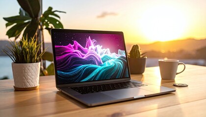 Obraz premium Modern laptop with vibrant abstract art on a wooden desk during a golden sunset. Perfect for remote work, digital nomad lifestyle, and creative technology themes in a highquality setting.