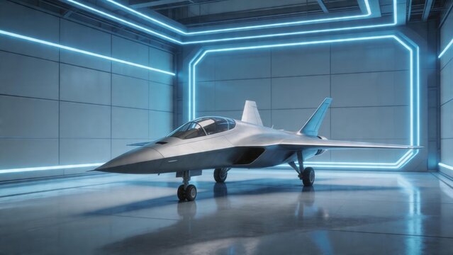 Futuristic fighter jet in a hightech hangar