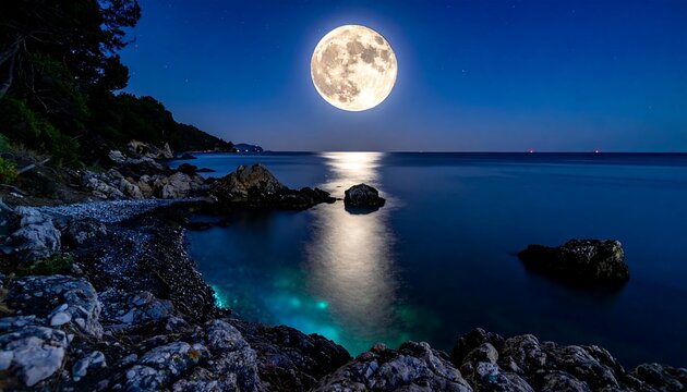 Night scene of a full moon reflecting on ocean water near rocky coast, with illuminated pools