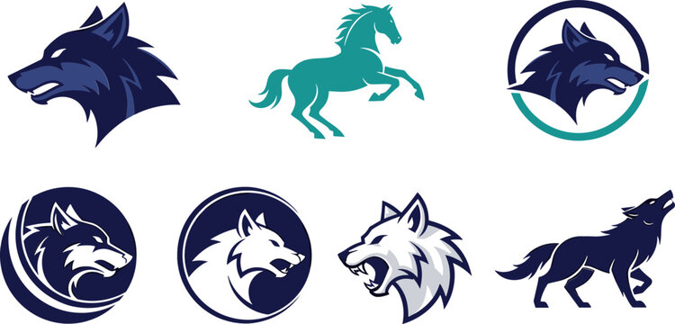 Wolf and Stallion Horse Mascot Logo Set Featuring Aggressive Predator Heads, Howling Timberwolf Silhouettes, and Rearing Mustang Symbols for Sports Teams, Gaming, and Security Branding