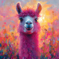Fototapeta premium Colorful artistic painting of a llama or alpaca with vibrant flowers in the background for creative design