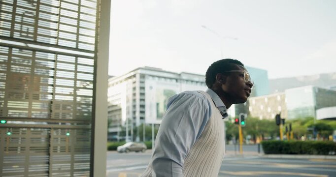 Commute, waiting or businessman in city with wristwatch, transport delay or time management in morning travel. Schedule, check or employee with clock, metro journey or running late at start of day.