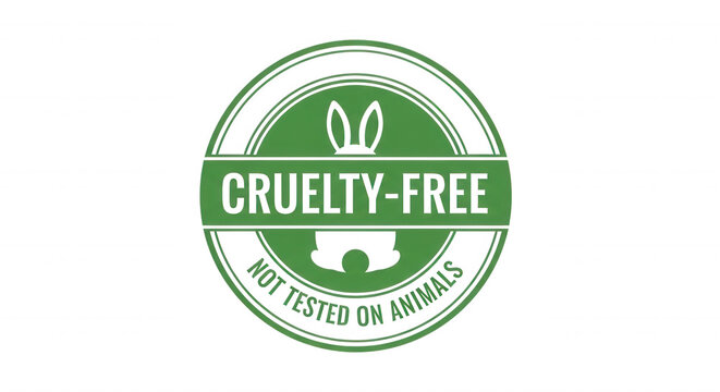Circular green and black cruelty-free badge with a rabbit silhouette and text, not tested on animals stamp on a black background
