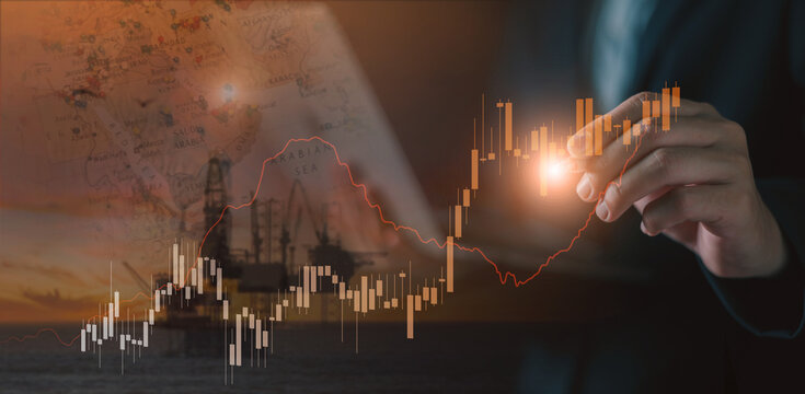 Concept of global oil market fluctuations and energy crisis. financial candlestick chart and price trends. economic instability, fuel price analysis, and energy demand forecasting globally.