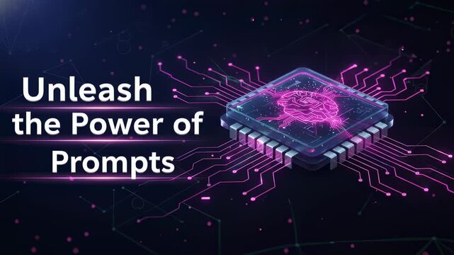 Futuristic animation showing a glowing brain icon inside a computer chip, symbolizing the concept of prompt engineering for generative ai and unlocking the power of creative technology