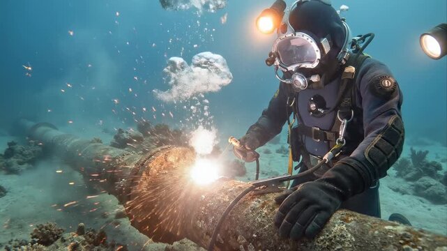 Professional diver in a specialized suit performing wet welding on a large pipe at the bottom of the sea, with bright sparks and bubbles rising through the clear blue water