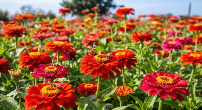 Vibrant Red Zinnias in Full Bloom Field.