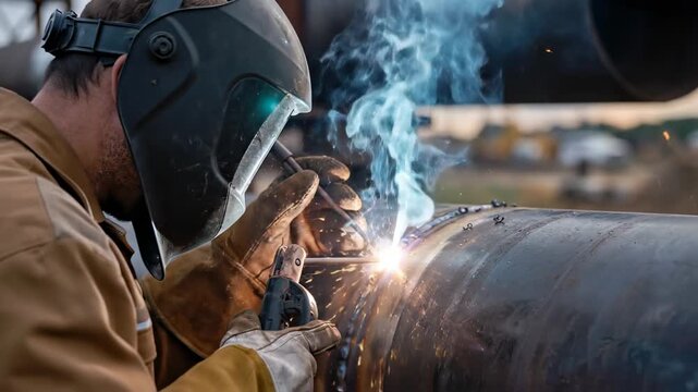 Skilled industrial worker wearing a protective mask and gloves welding a large diameter steel pipe, creating bright sparks and smoke in the process of joining the metal parts together