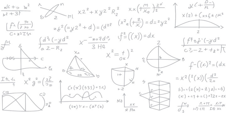 A vintage vector set of hand-drawn engineering sketches and mathematical formulas on a school blackboard featuring scientific blueprints for house and ship construction