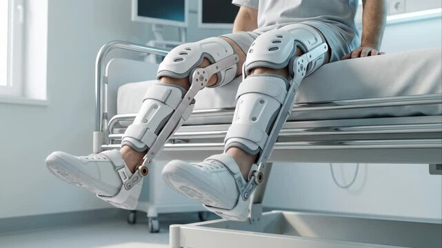 Man with a disability sitting on a hospital bed and performing physical therapy exercises, moving his legs with the support of a powered exoskeleton for rehabilitation and mobility assistance