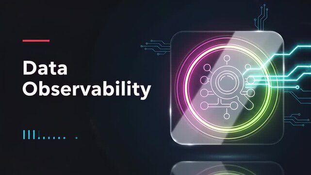 Animated digital interface showing data observability concept with glowing magnifying glass over dashboards and network visuals, symbolizing monitoring, analysis and business insights