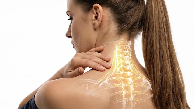 Young woman with ponytail massaging her aching neck and shoulders, with a highlighted anatomical animation of the cervical spine showing pain and inflammation, isolated on a white background